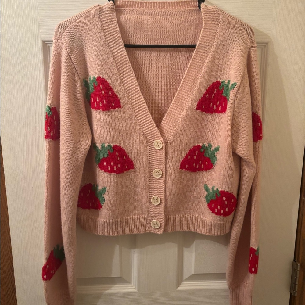 Strawberry Patterned Pink Cardigan Sweater